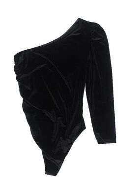 Asymmetrical One-Shoulder Velvet Bodysuit - Black